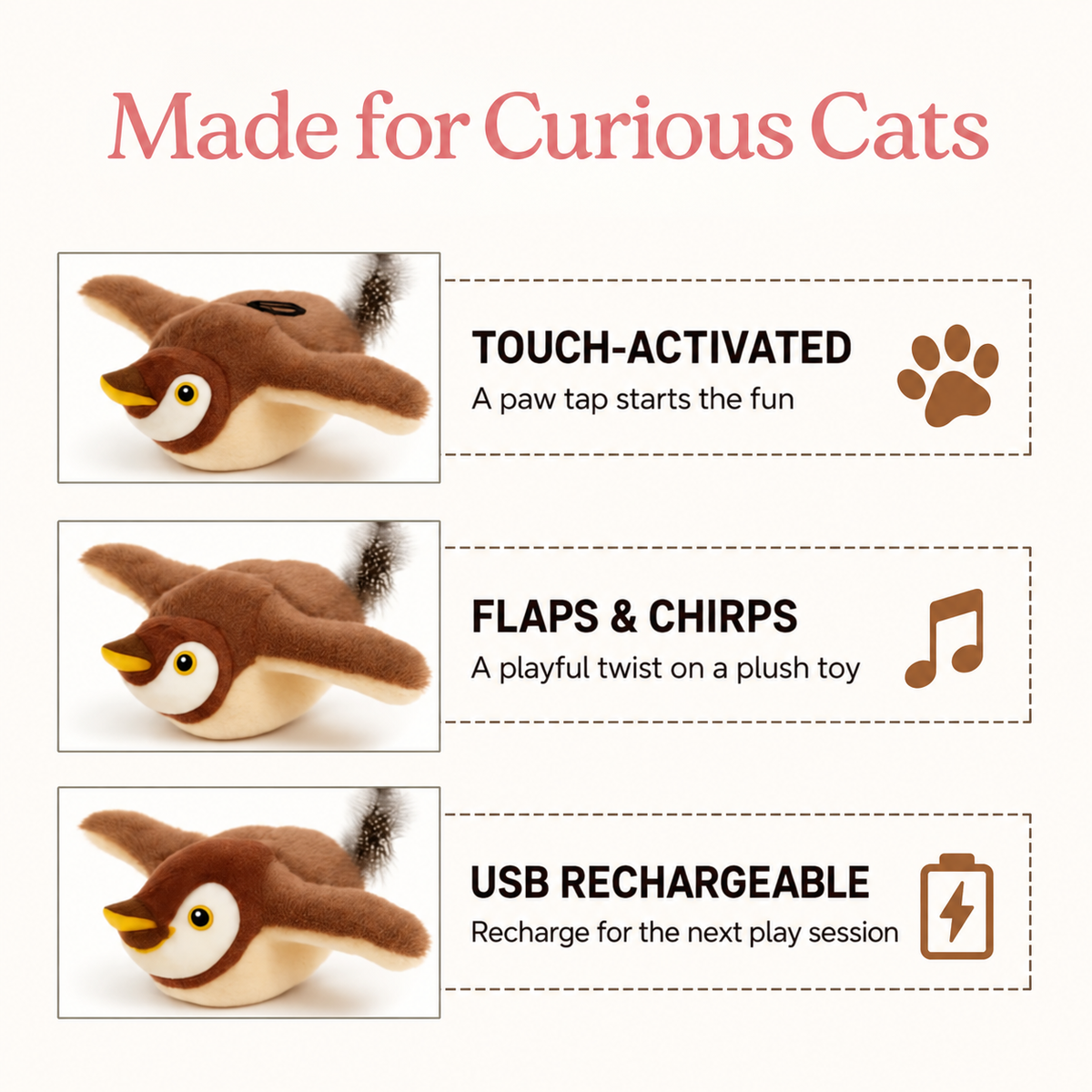 Rechargeable flapping bird cat toy modes